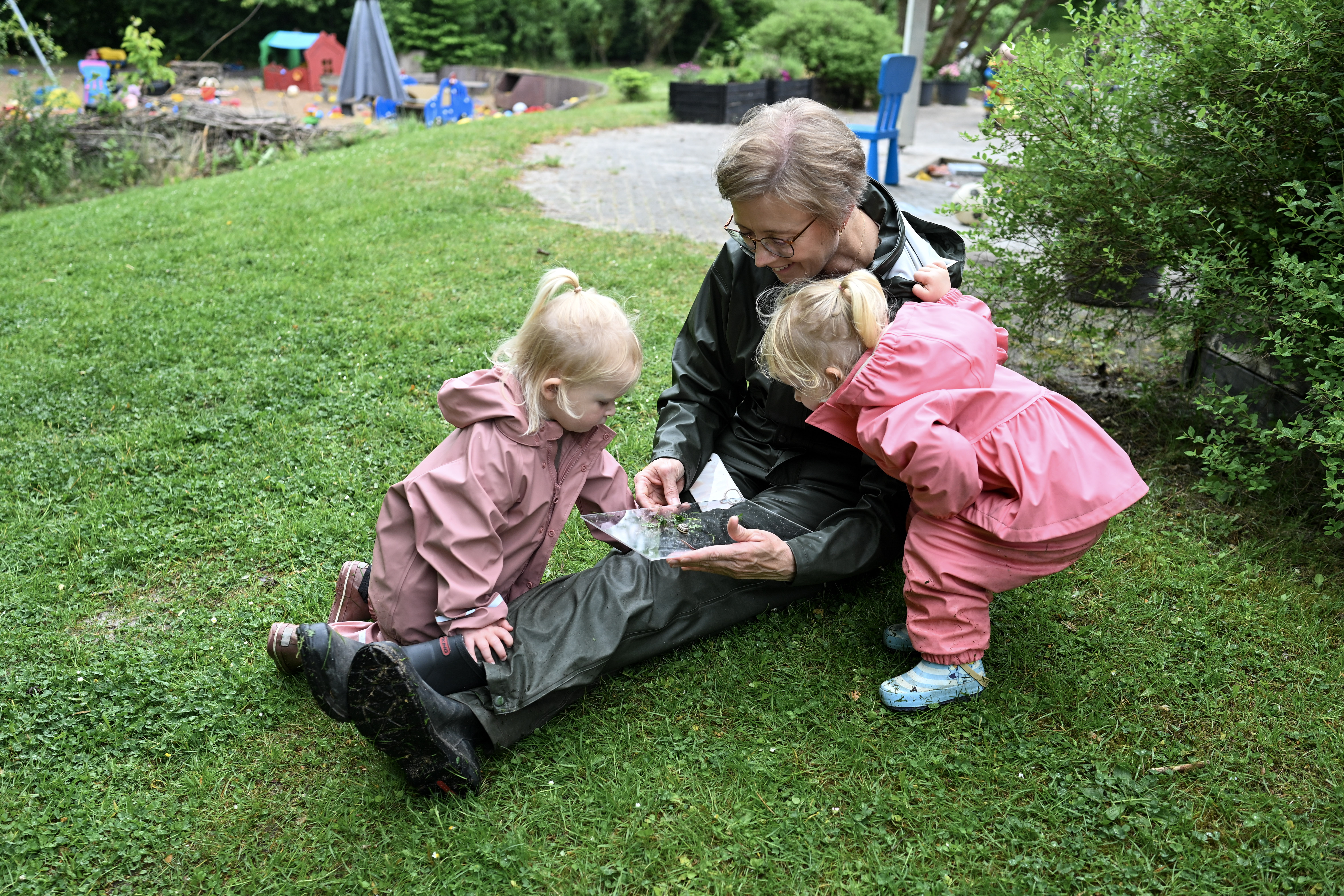 Voksen og to piger kigger på snegl på plade