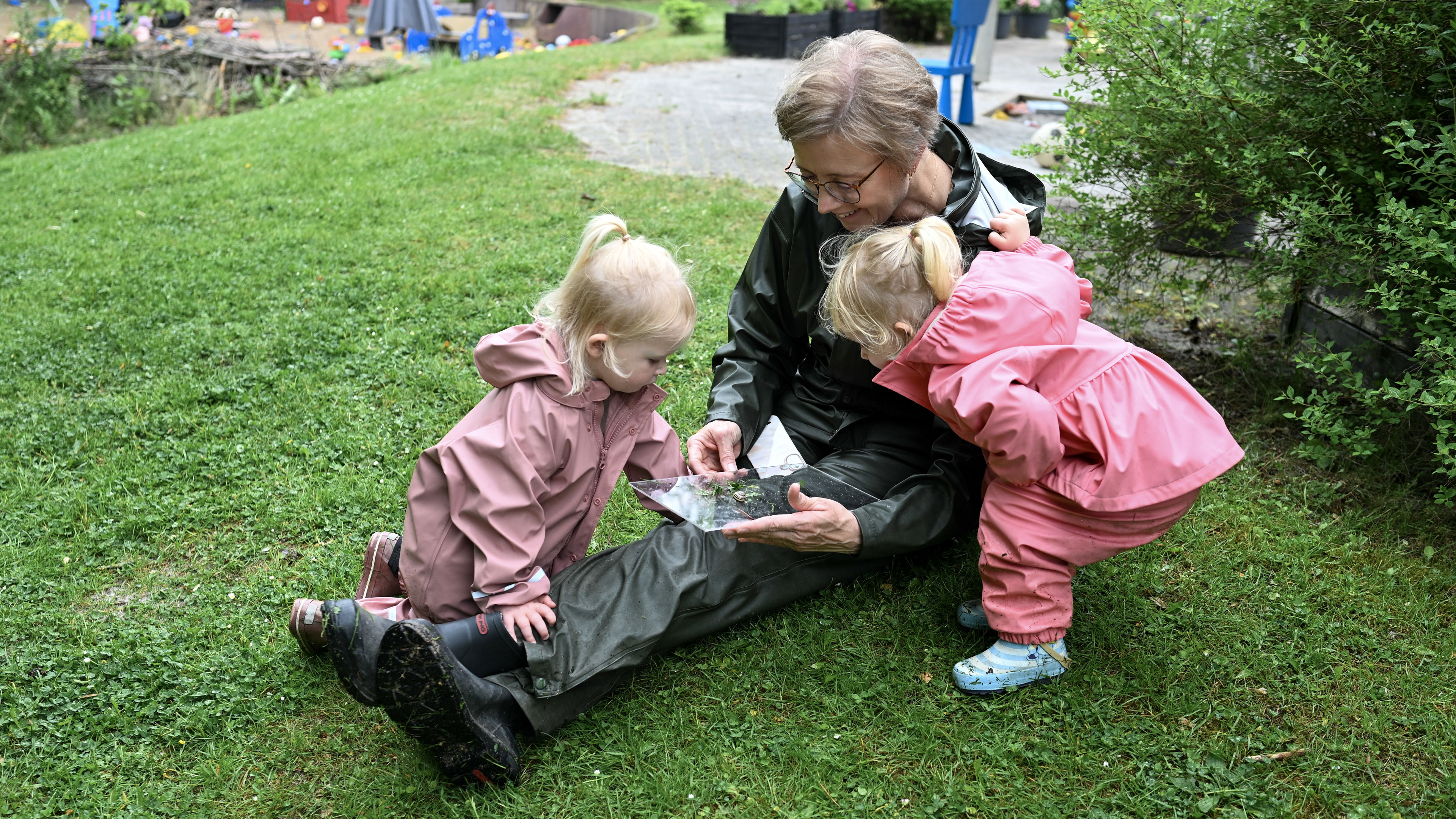 Voksen og to piger kigger på snegl på plade